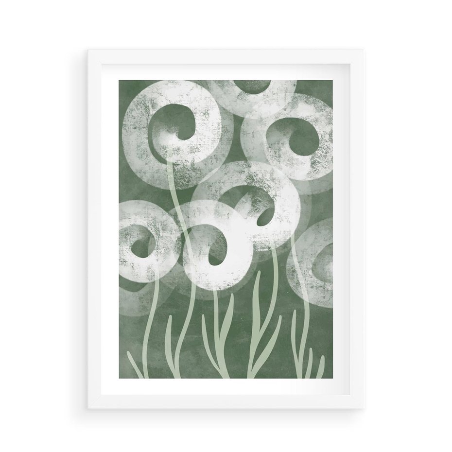 Plakat w ramie 50x70 - Spokojne Plamy Natury - zielony plakat, roślinne motywy - rama biała