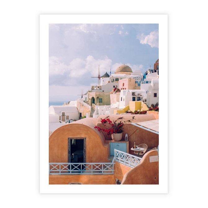 Plakat bez ramy 21x30 - Błękit Morza i Białe Domki - Santorini, wyspa