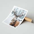 Plakat bez ramy 21x30 - Jeleń na Zdjęciu pod Śniegiem - jeleń, zima