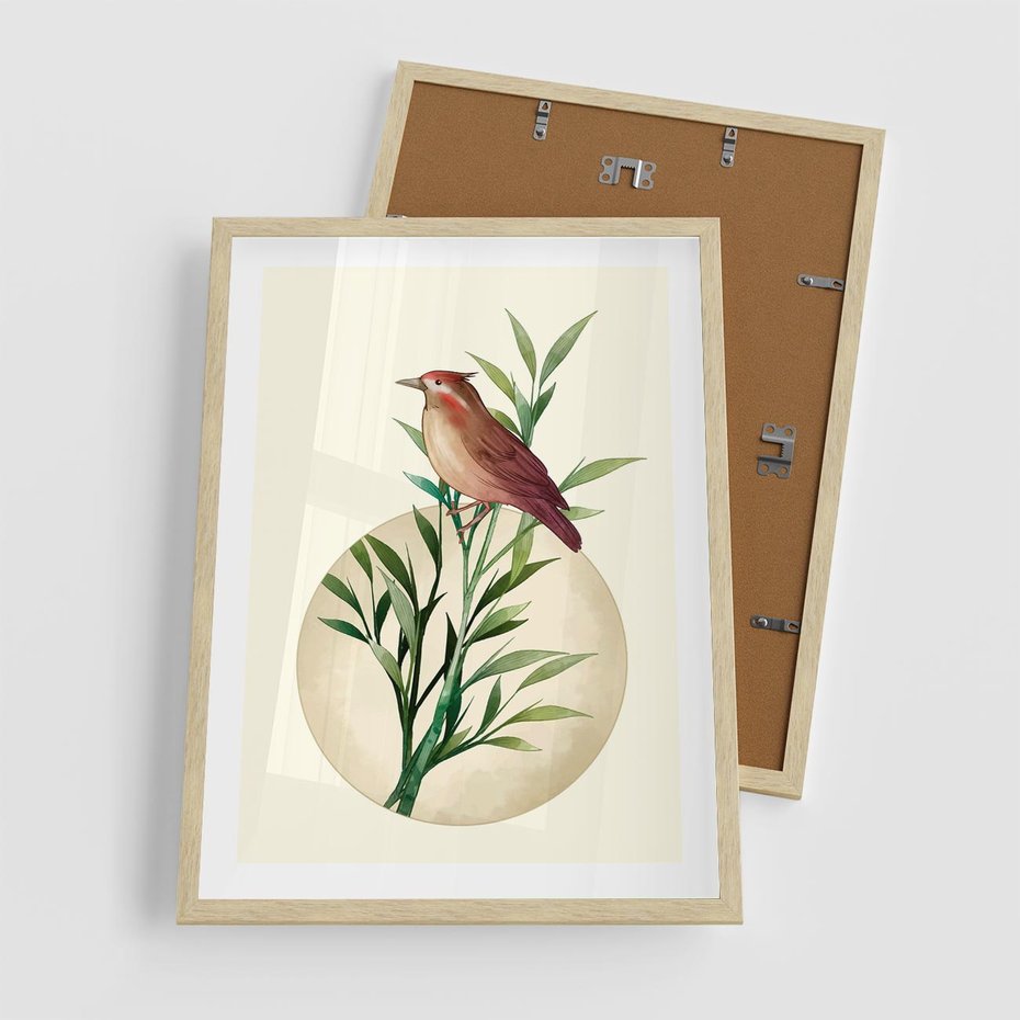 Plakat w ramie 50x70 - Rozkwitająca Delikatność - japońska sztuka, ptak - rama drewno