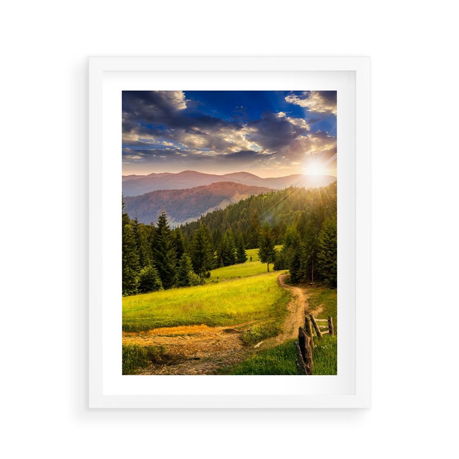 Plakat w ramie 40x50 - Zachód słońca na łące - zachód, łąka - rama biała
