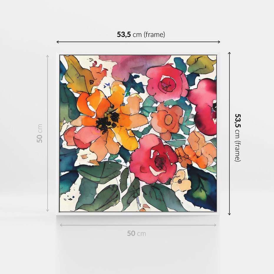 Obraz w ramie 50x50 - Kwiatowy Impuls Kolorów - abstrakcyjne kolorowe kwiaty, szkic - rama biała