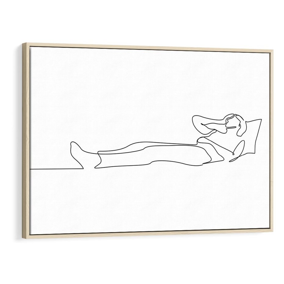 Obraz w ramie 70x50 - Postać na Łóżku - one line art, szkic - rama drewno