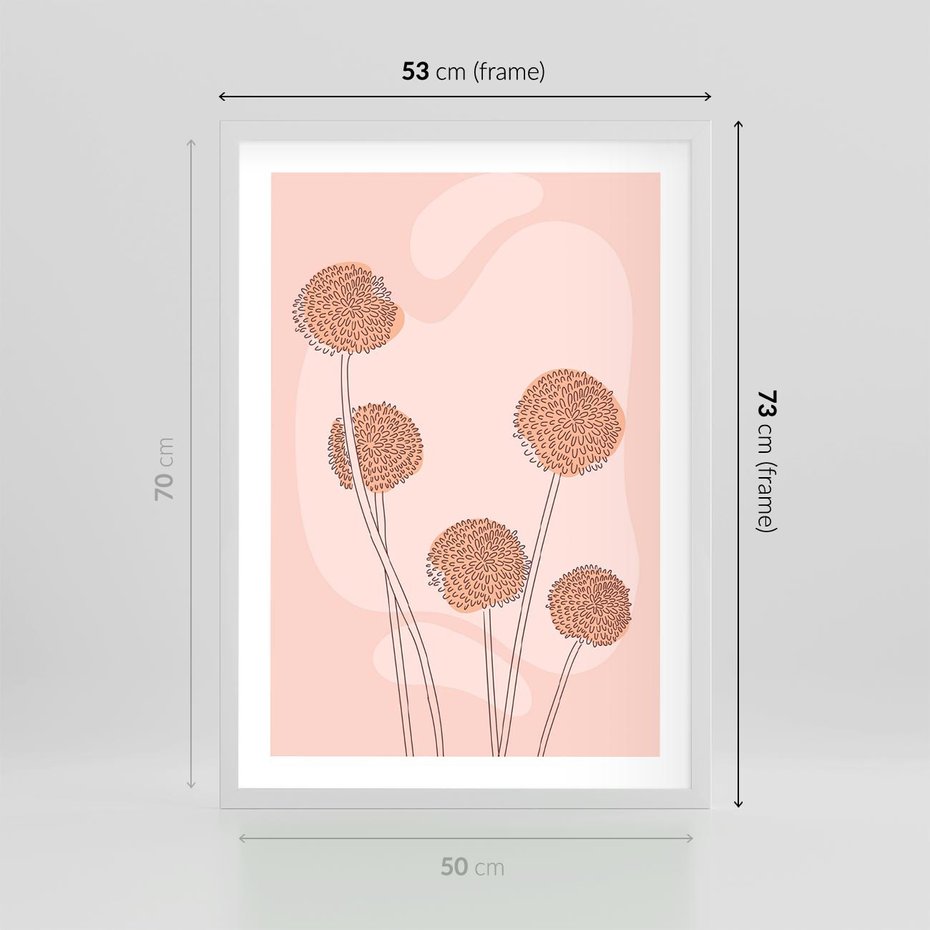 Plakat w ramie 50x70 - Rozkwitające Emocje - minimalistyczny plakat, pudrowe kwiaty - rama biała