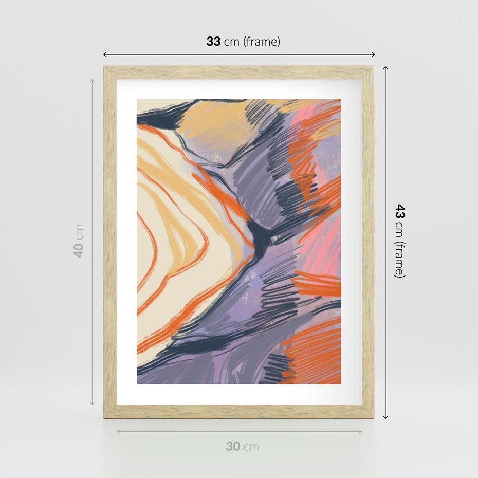 Plakat w ramie 30x40 - Pokreślony Świat - abstrakcyjne formy, odcienie pomarańczu i fioletu - rama drewno