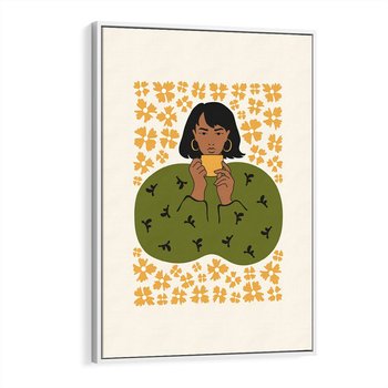 Obraz w ramie 70x100 - Wewnętrzne Fale - nowoczesny plakat, kobieta otoczona liśćmi - rama biała