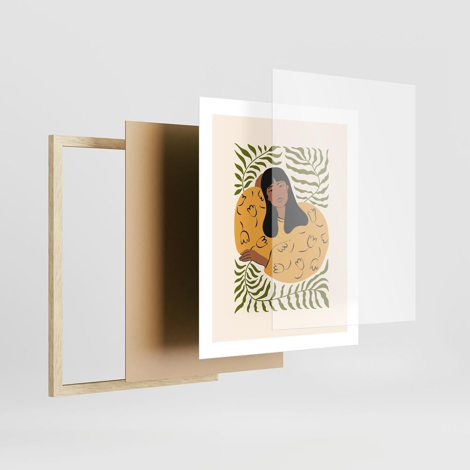 Plakat w ramie 40x50 - Malowane Odbicia Wyobraźni - nowoczesny plakat, kobieta otoczona liśćmi - rama drewno