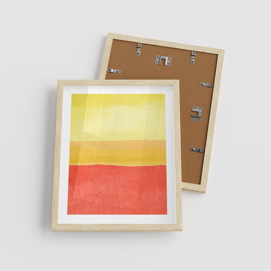 Plakat w ramie 40x50 - Rozmyte Odbicia - kolorowe akwarelowe pasy, odcienie żółci i czerwieni - rama drewno