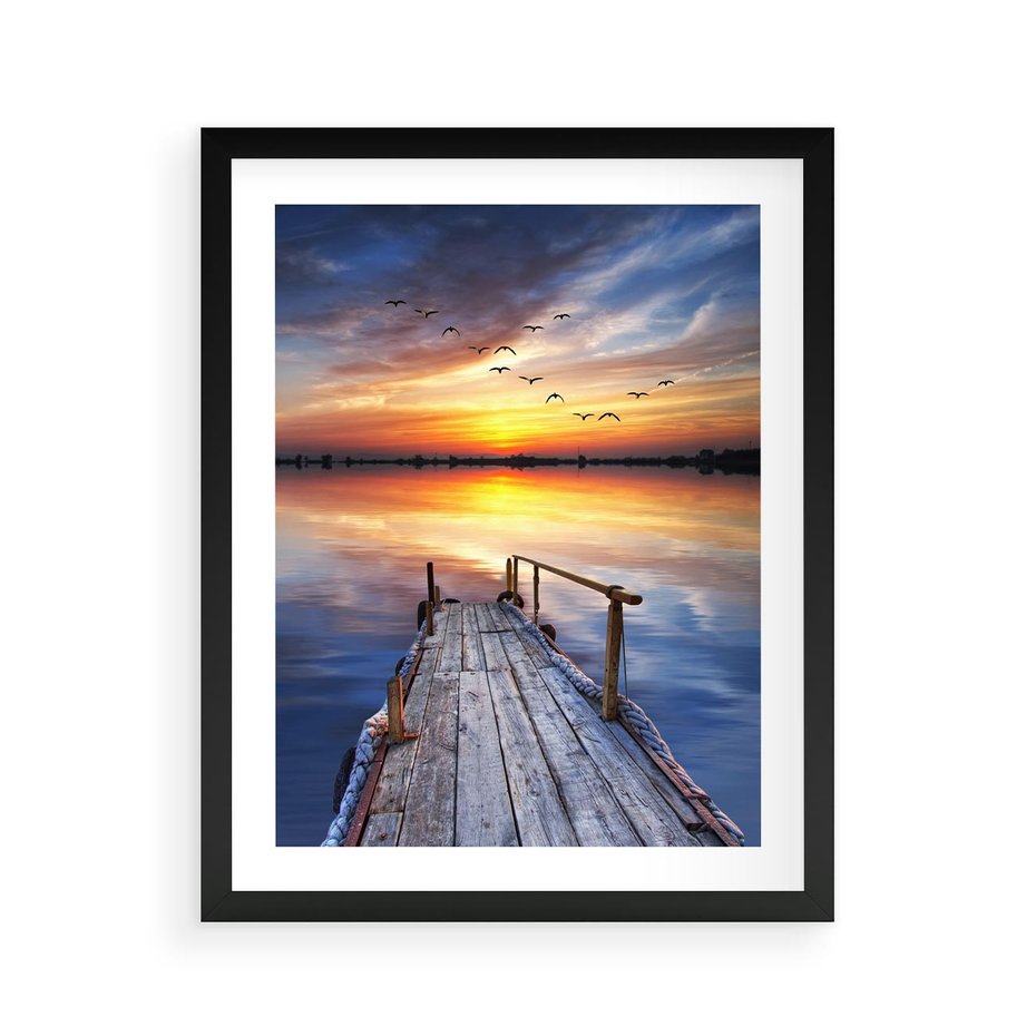 Plakat w ramie 40x50 - Zachód słońca na pomostcie - pomost, zachód - rama czarna