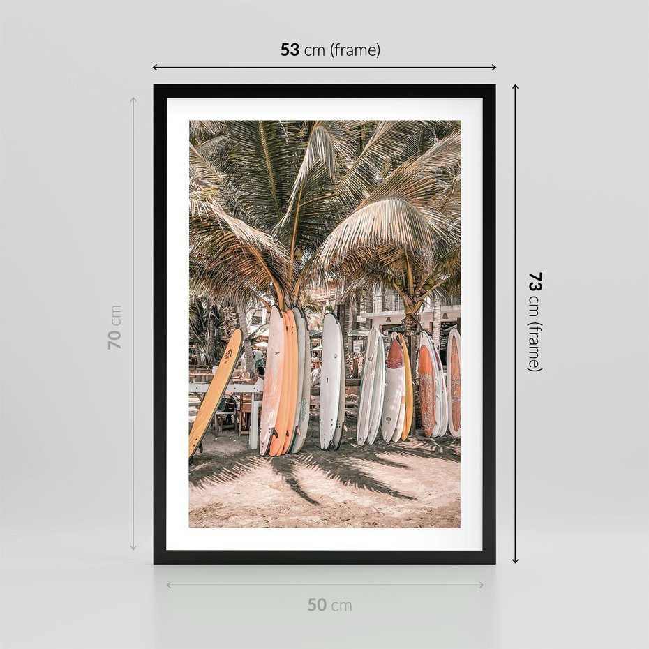 Plakat w ramie 50x70 - Surfingowy Raj - deski surfingowe, na plaży - rama czarna