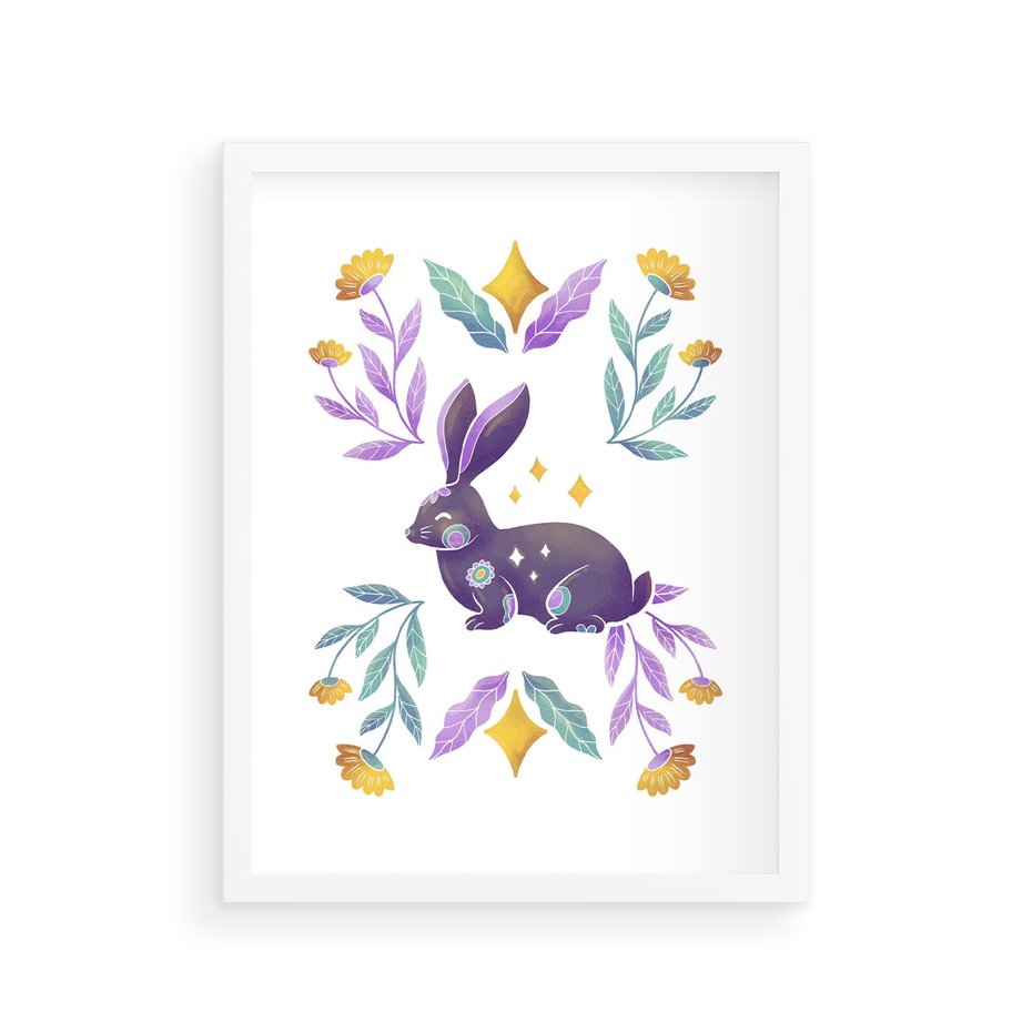 Plakat w ramie 30x40 - Boho Wiatr - boho plakat, królik - rama biała