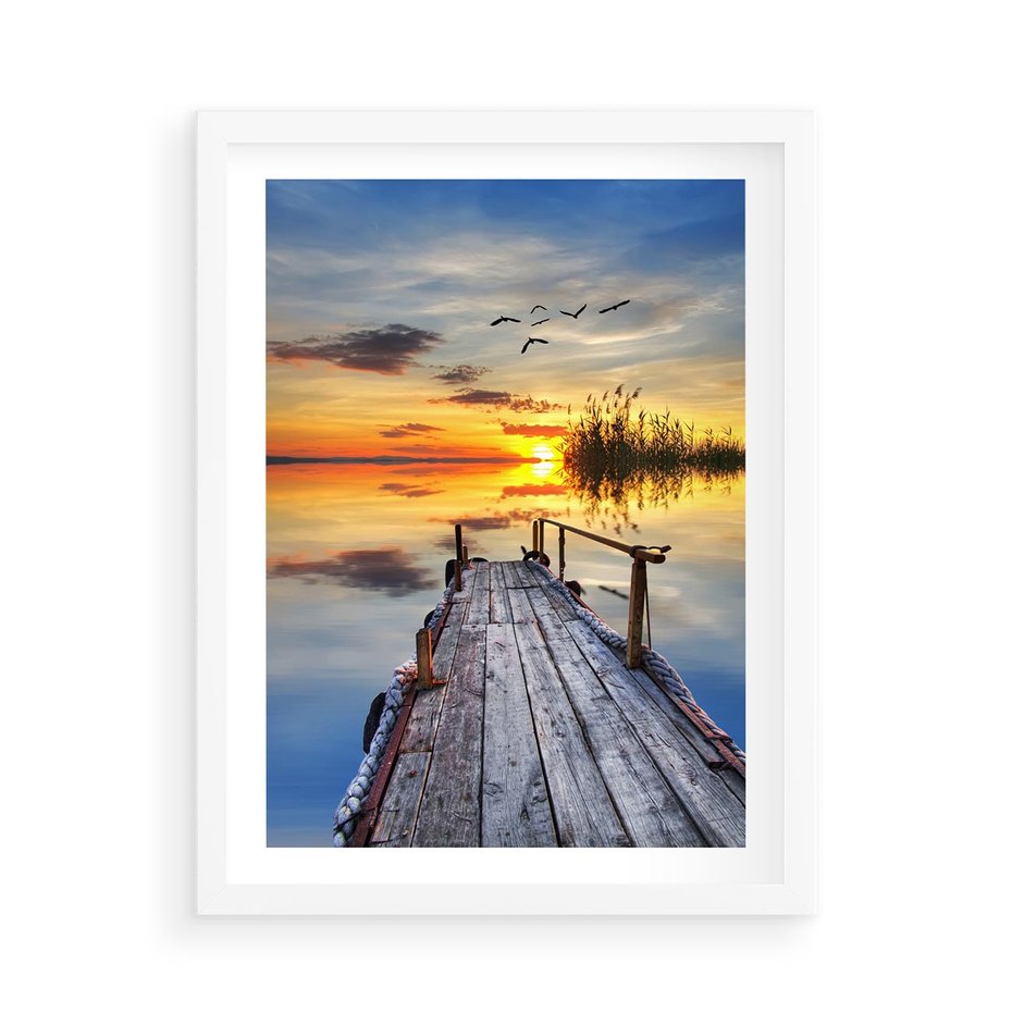 Plakat w ramie 50x70 - Zachód słońca na pomostach - zachód, słońca - rama biała