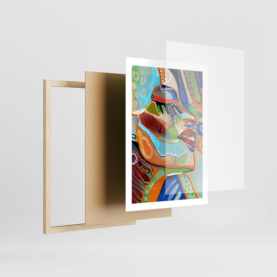 Plakat w ramie 50x70 - Kolorowe Wnętrza Kształtów - abstrakcyjny portret kobiety, twarz - rama drewno