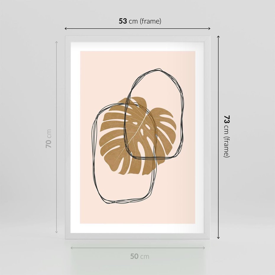 Plakat w ramie 50x70 - Liście w Beżowym Minimalizmie - minimalistyczny obraz, liście monstery - rama biała