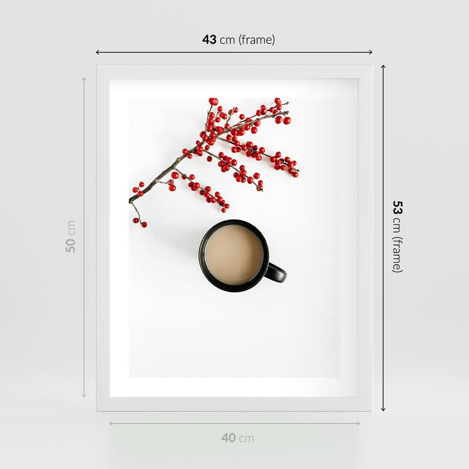 Plakat w ramie 40x50 - Filiżanka Kawy z Gałązką Jarzębiny - kawa, gałązka jarzębiny - rama biała