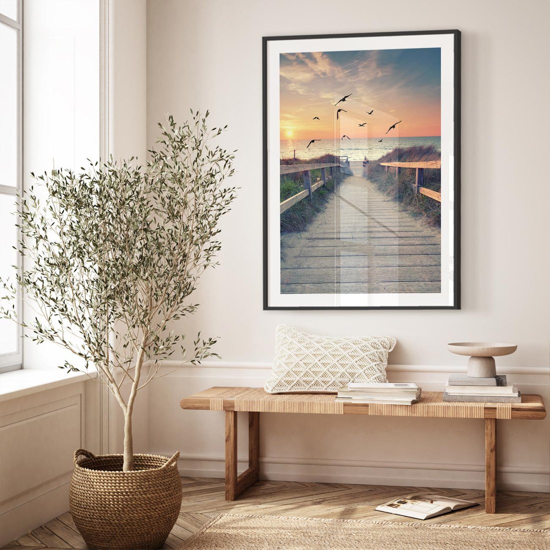 Plakat w ramie 50x70 - Sielanka nad brzegiem - plaża, pomost - rama czarna