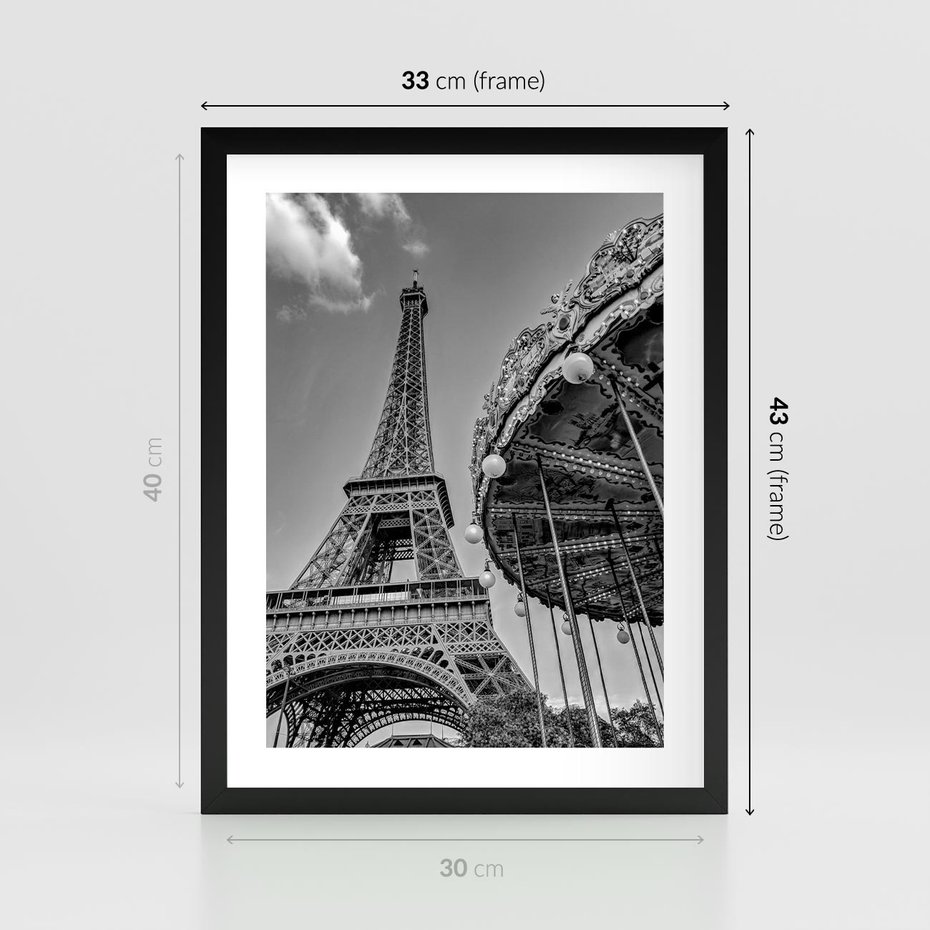 Plakat w ramie 30x40 - Zabawa w Paryżu - czarno białe zdjecie, wieża eiffla - rama czarna