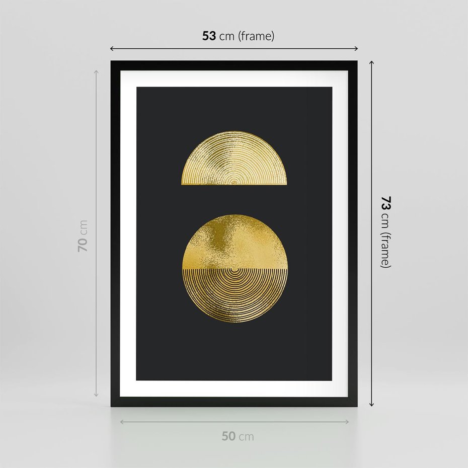 Plakat w ramie 50x70 - Migotliwe Przeniknięcia - złote koła, czarne tło - rama czarna
