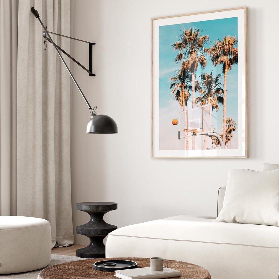 Plakat w ramie 30x40 - Egzotyczna Koszykówka - palmy na tle nieba, koszykówka - rama drewno