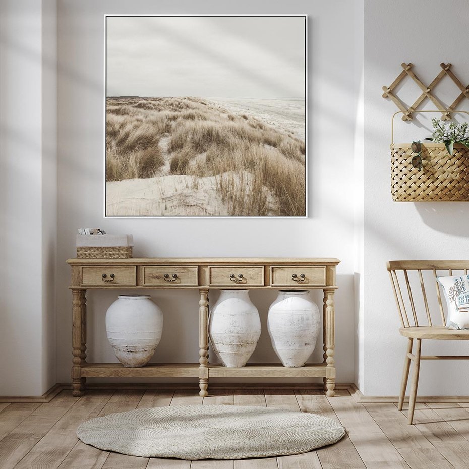 Obraz w ramie 80x80 - Nadmorskie Wydmy - fotografia, kolory sepii - rama biała