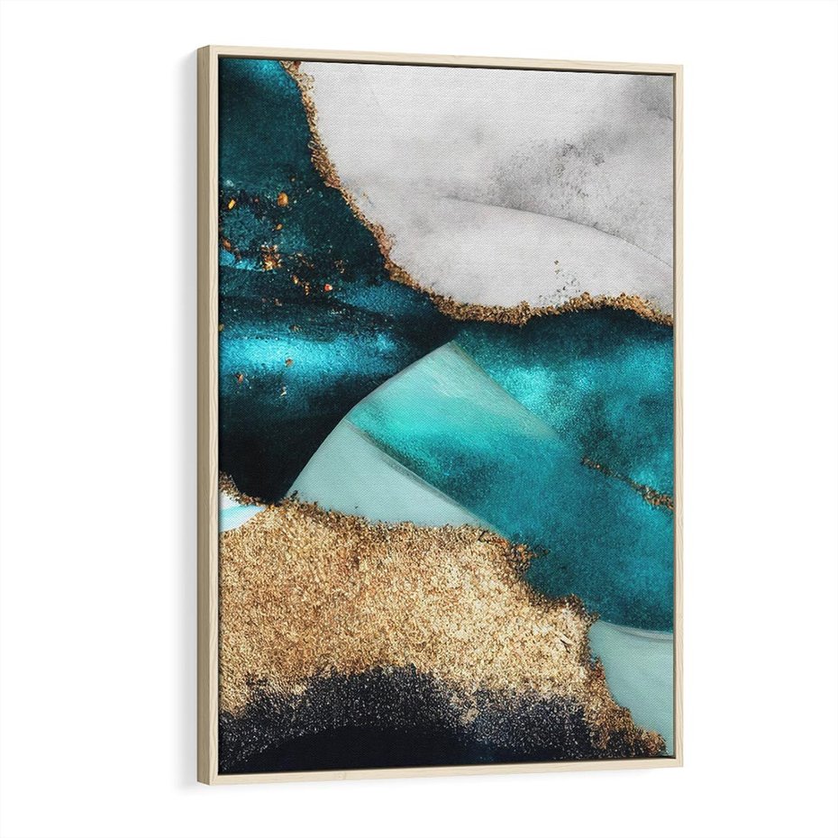 Obraz w ramie 70x100 - Rozlane Turkusy - Turkusowe plamy, złote elementy - rama drewno