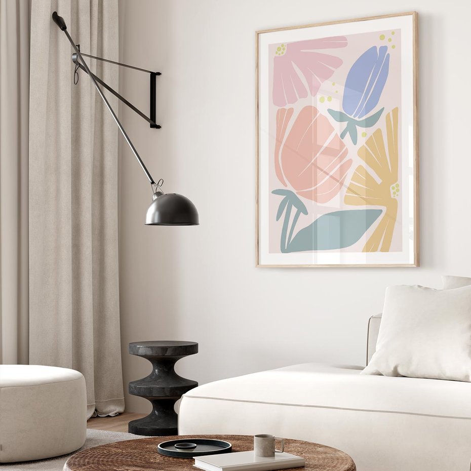 Plakat w ramie 50x70 - Rozkwitające Harmonie Natury - pastelowe kwiaty, na beżowym tle - rama drewno