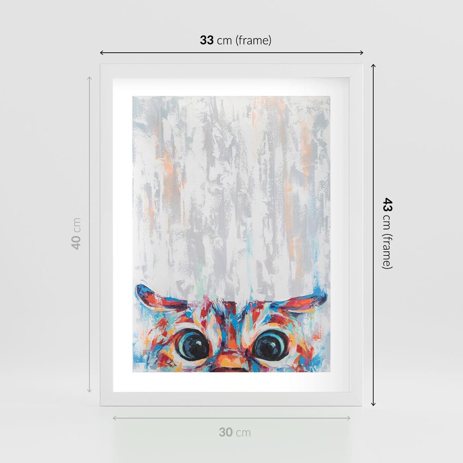 Plakat w ramie 30x40 - Co ja Widzę - obraz olejny, śmieszny obraz kota - rama biała