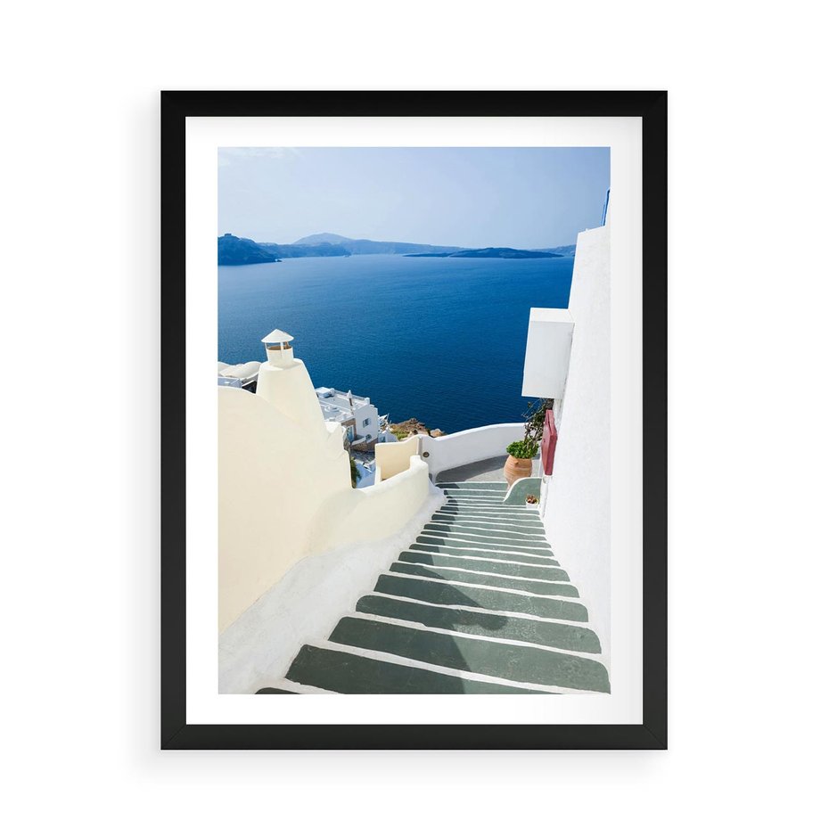 Plakat w ramie 50x70 - Malowniczy urok wyspy - Santorini, schodki - rama czarna
