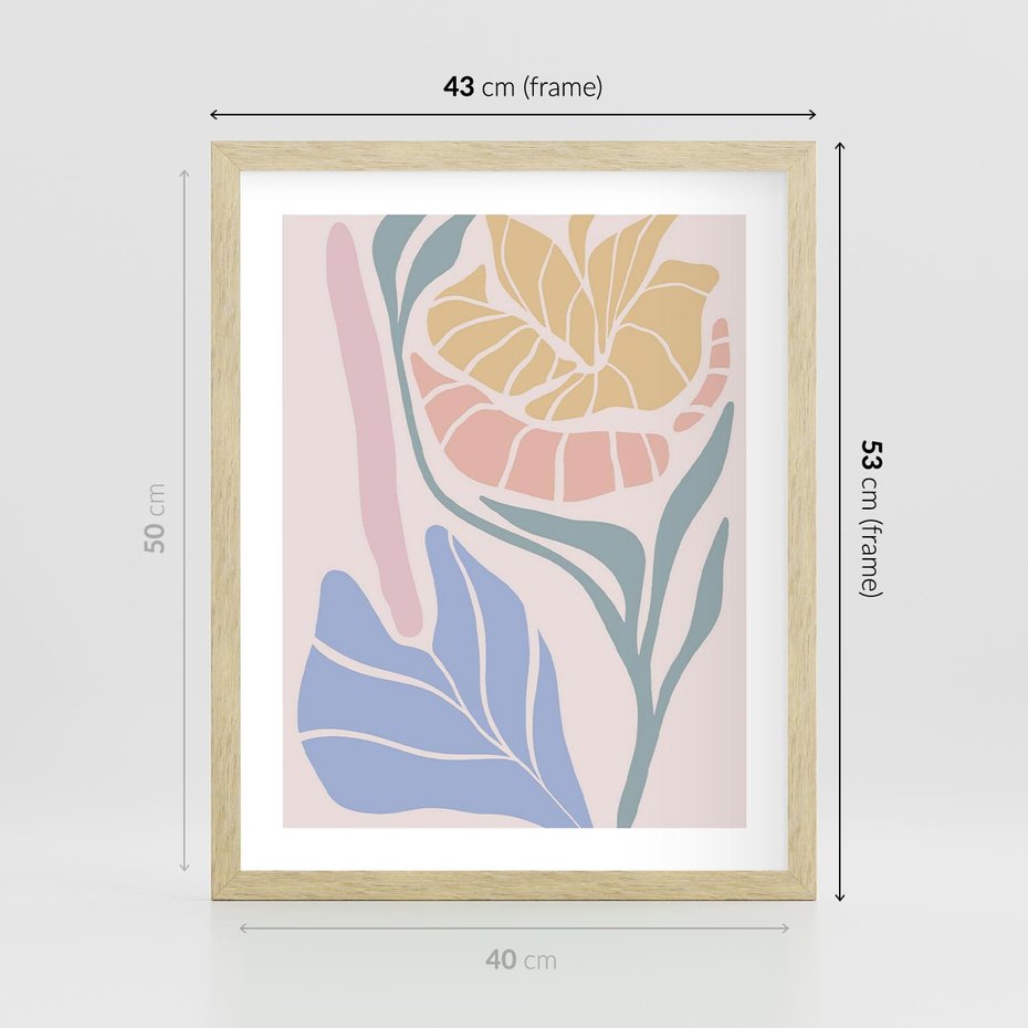 Plakat w ramie 40x50 - Kwiatowe Granice Kształtów - nowoczesny plakat, kwiaty w pastelowych kolorach - rama drewno