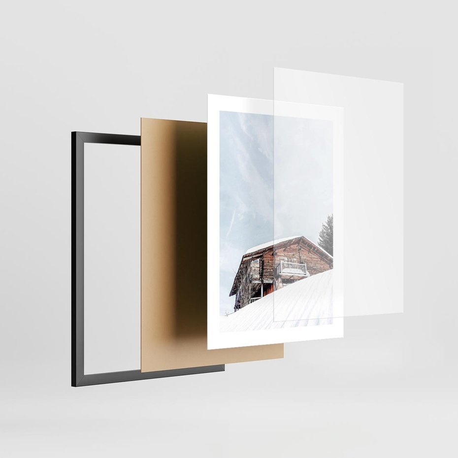 Plakat w ramie 30x40 - Spokój Górskiej Zimy - chatka w górach, domek górski - rama czarna