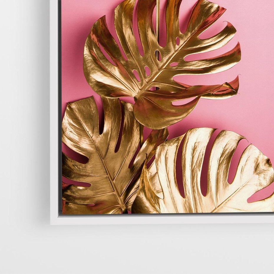 Obraz w ramie 80x80 - Luksusowa Elegancja - złote, liście - rama biała