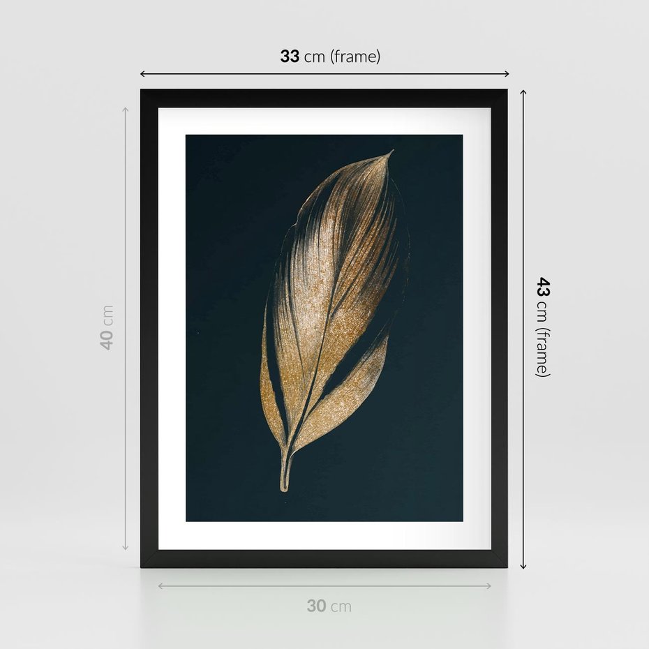 Plakat w ramie 30x40 - Mroczne Złoto - nowoczesna grafika, złoty liść na czarnym tle - rama czarna