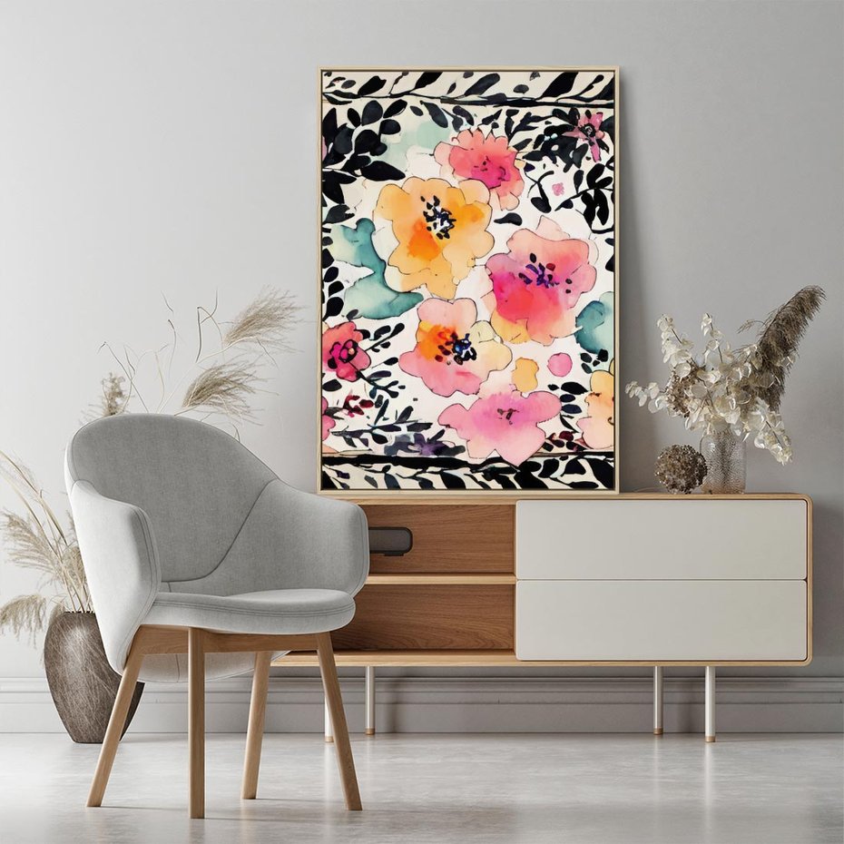 Obraz w ramie 50x70 - Opowieść w kroplach farb - akwarelowe kwiaty, mocna ornamentowa czarna ramka namalowana dookoła obrazu - rama drewno