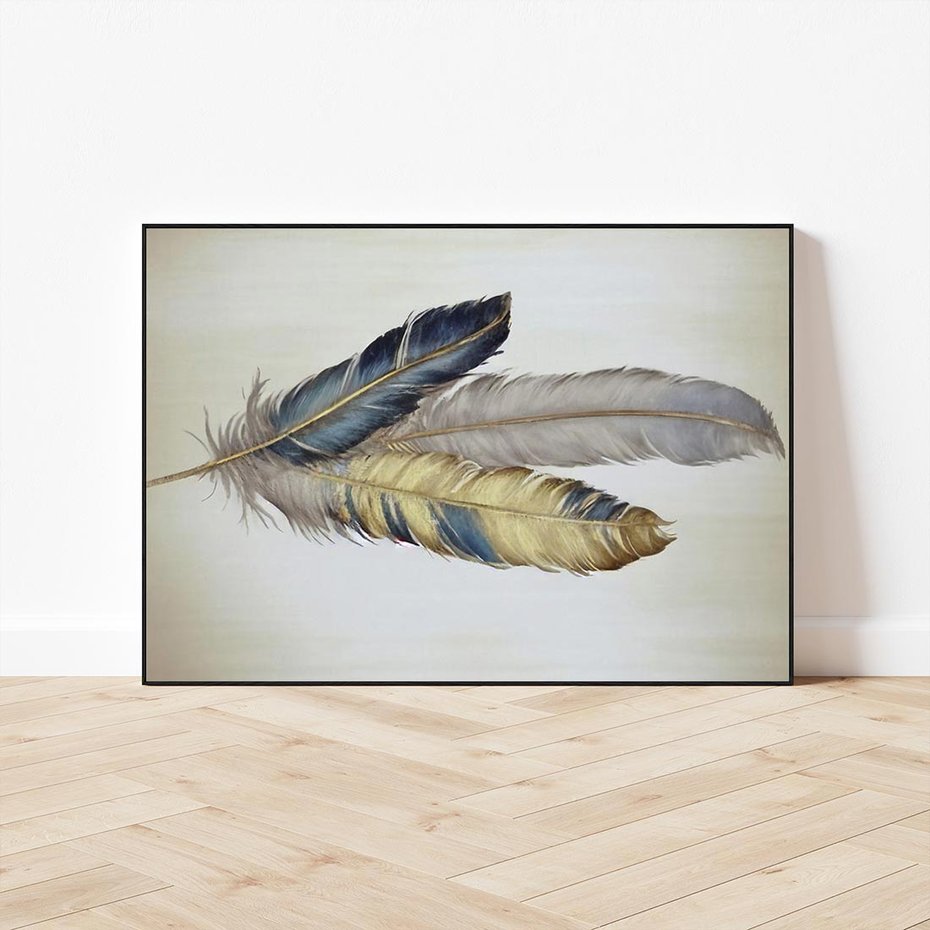 Obraz w ramie 100x70 - Granatowo-Złote Pióra - sztuka, granatowe i złote pióra - rama czarna