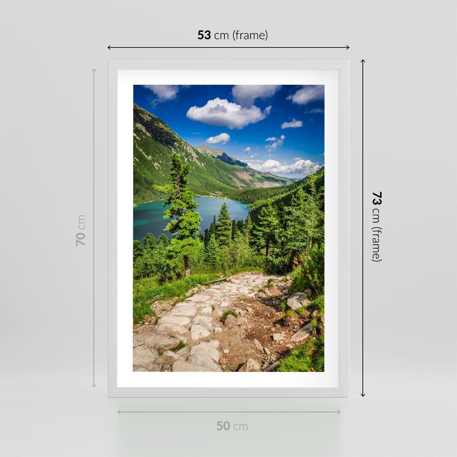 Plakat w ramie 50x70 - Jezioro górskie: harmonia natury - jezioro, góry - rama biała