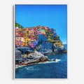 Obraz w ramie 70x100 - Barwne Wybrzeże - nadmorskie miasto na klifie, kolorowe tęczowe budynki - rama biała