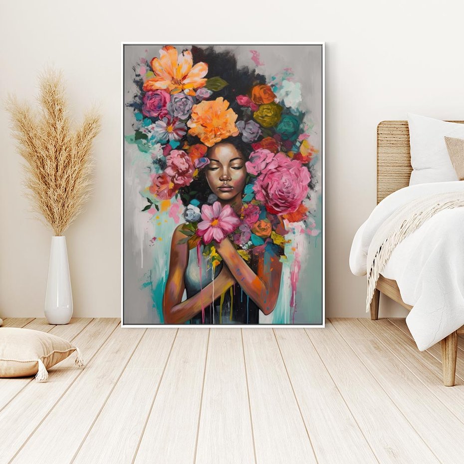 Obraz w ramie 70x100 - Z Głową w Kwiatach - obraz olejny, sztuka nowoczesna - rama biała