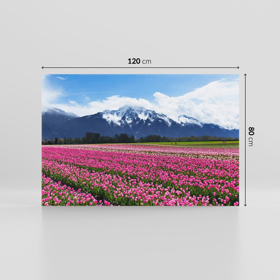 Obraz na płótnie 120x80 - Tulipany w malowniczym krajobrazie" - tulipany, krajobraz