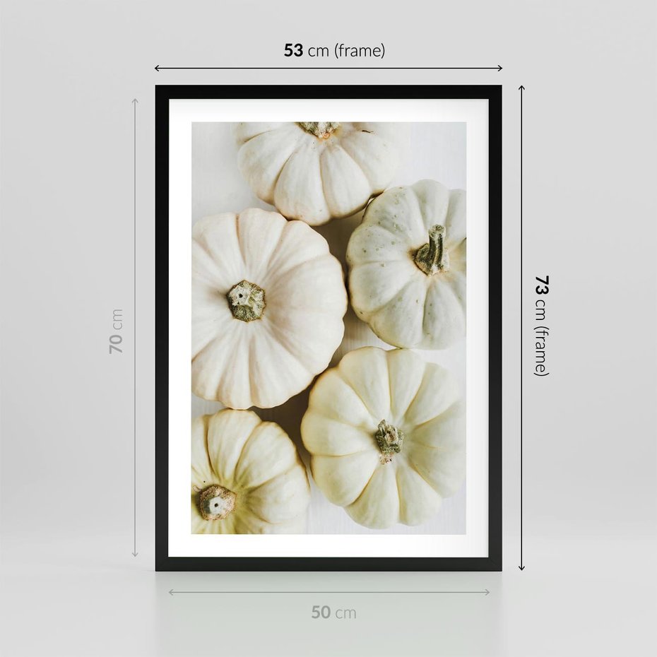Plakat w ramie 50x70 - Jesienne Dynie: Delikatna Kompozycja - białe dynie, jasna kompozycja - rama czarna