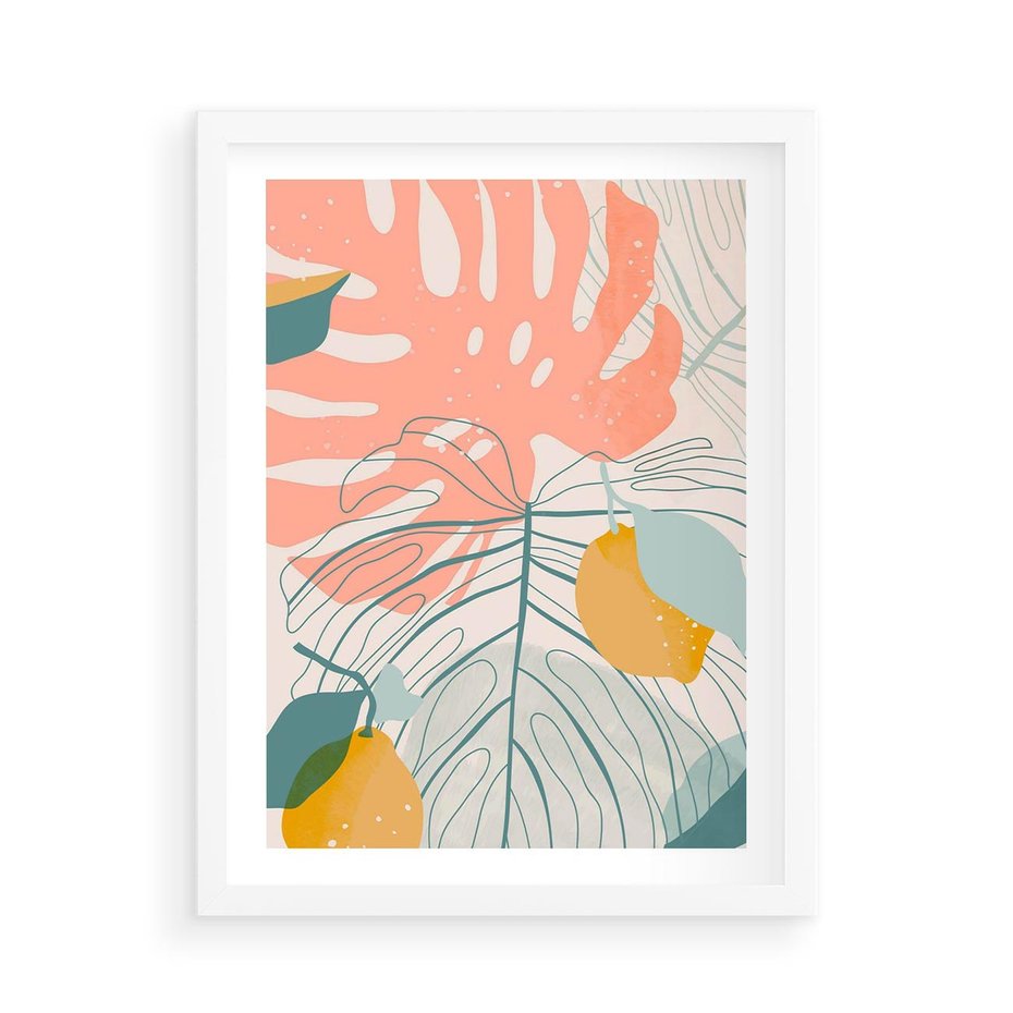 Plakat w ramie 50x70 - Sztuka Natury: Liście Monstery w Pastelach - nowoczesna grafika, pastelowe liście monstery - rama biała