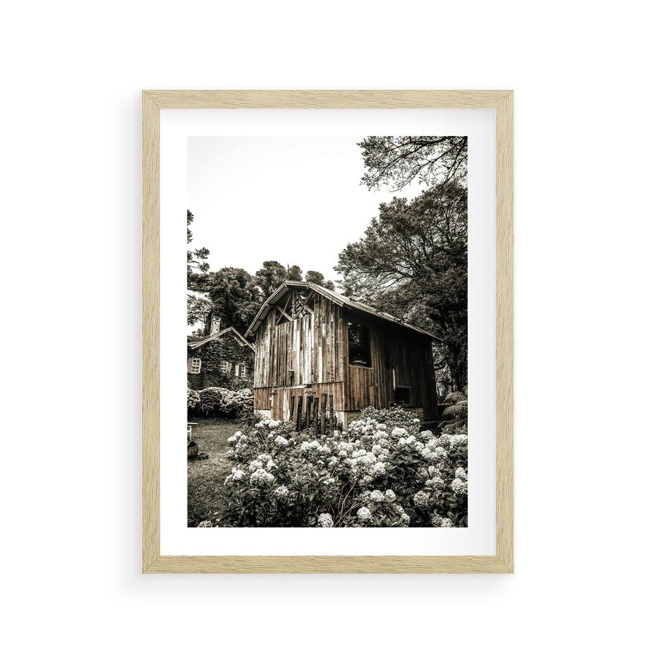 Plakat w ramie 30x40 - Oaza Uroku: Drewniana Chatka i Ogród - domek, ogród - rama drewno