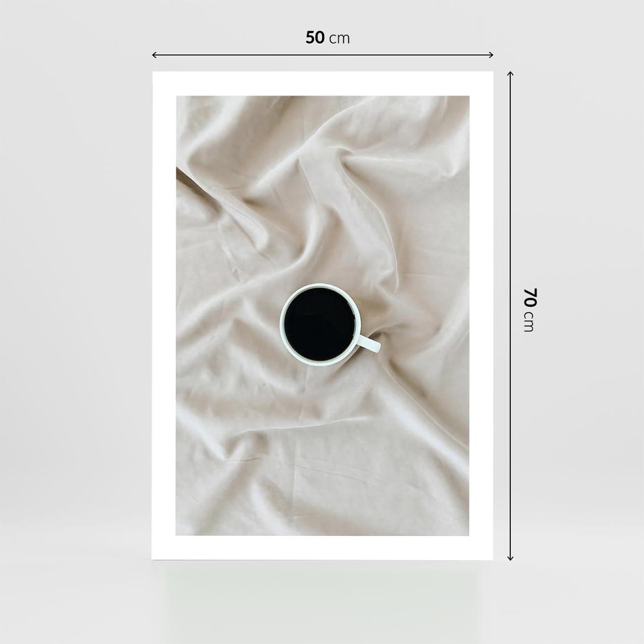 Plakat bez ramy 50x70 - Poranek z Kawą - kawa filiżanka w białej pościeli