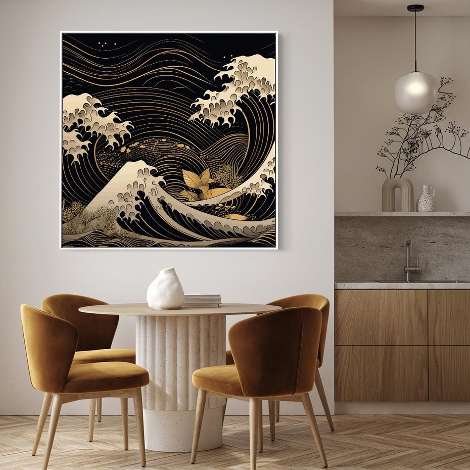 Obraz w ramie 50x50 - Złote Piękno - ciemny obraz, fala morska - rama biała