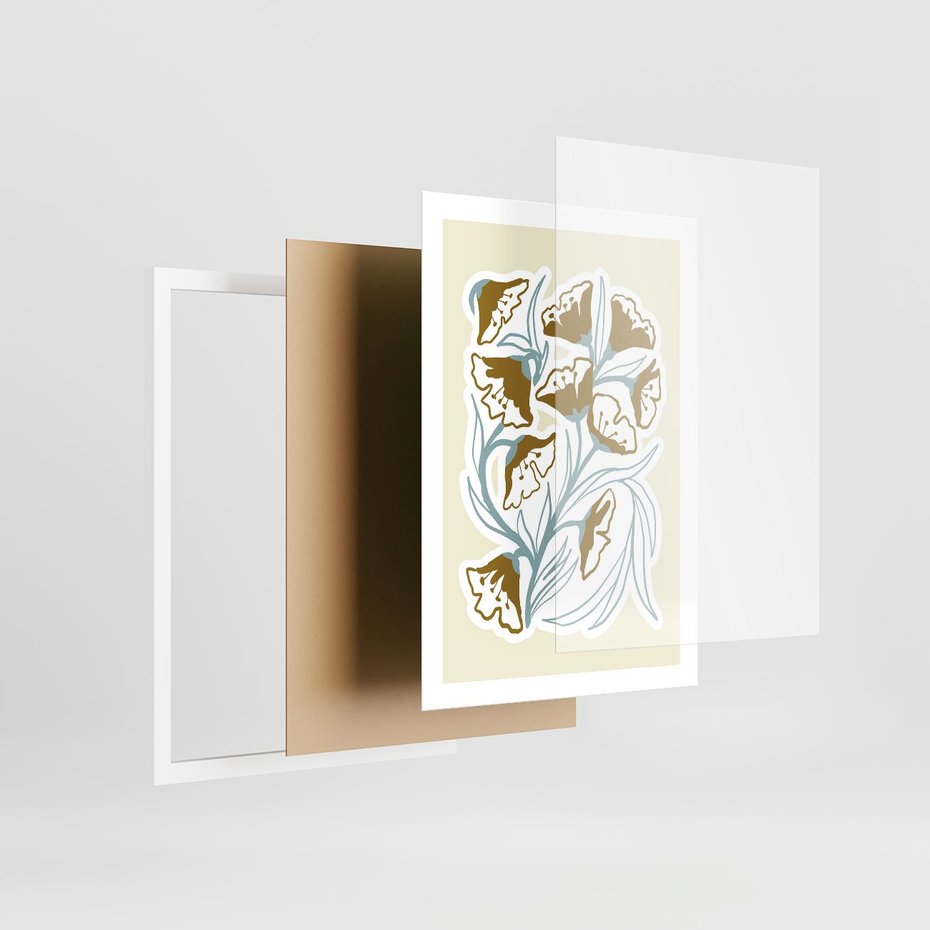 Plakat w ramie 50x70 - Wibracje Widzenia - abstrakcyjne beżowe kwiaty, elegancka kompozycja - rama biała