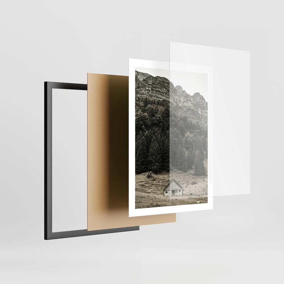 Plakat w ramie 50x70 - Dom w Odcieniach Natury - domek w górach, góry - rama czarna