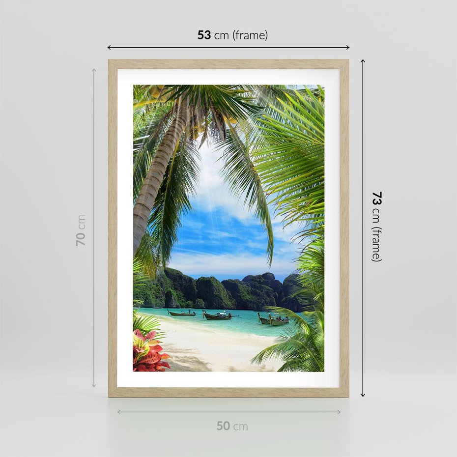 Plakat w ramie 50x70 - Palmy tańczące na tropikalnej plaży - palmy, plaża - rama drewno