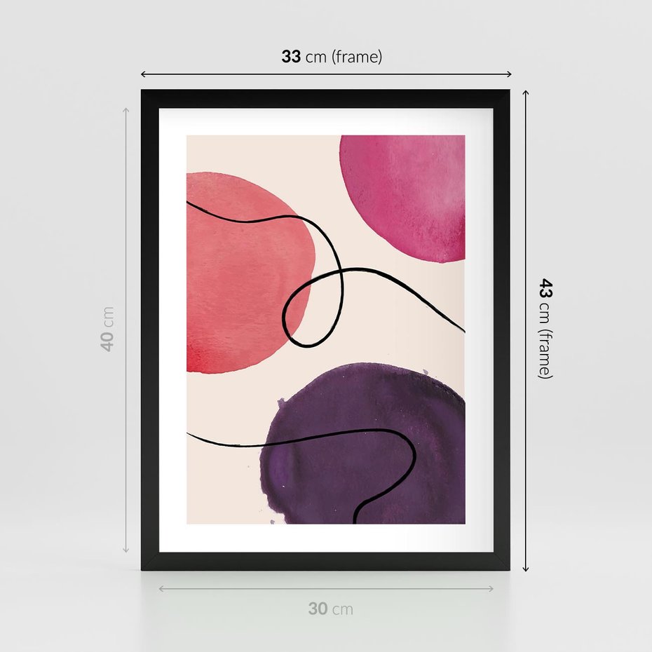 Plakat w ramie 30x40 - Migoczące Echo - abstrakcyjne akwarelowe plamy, nieregularne linie - rama czarna