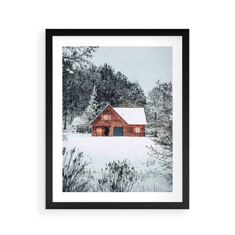 Plakat w ramie 40x50 - Domek w Górach Pokryty Śniegiem - domek w górach, śnieg - rama czarna