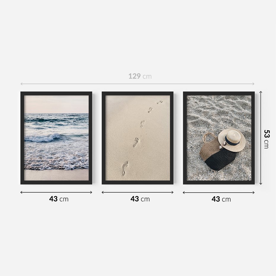 Zestaw obrazy w ramie 40x50 galeria - Plaża, piasek, ślady, kapelusz - rama czarna