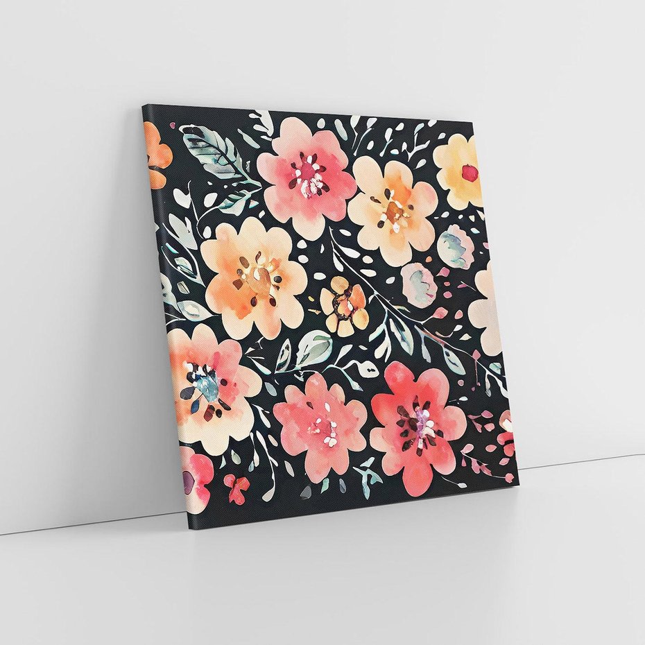 Obraz na płótnie 60x60 - Labirynty melancholii - akwarelowe, pastelowe kwiaty na czarnym tle